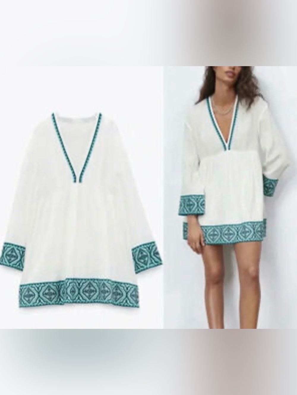 Zara White Tunic Swim Coverup with Teal Embroidered Trim